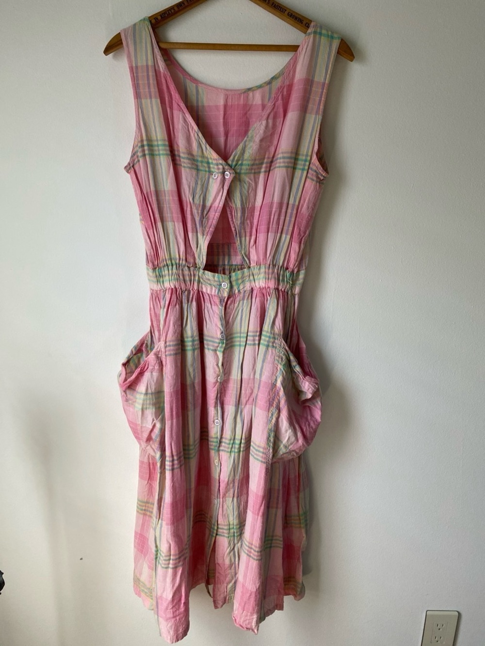 Vintage 80s Plaid Cutout Billowing Pockets Midi Dress ~ Best for S-M 🩷